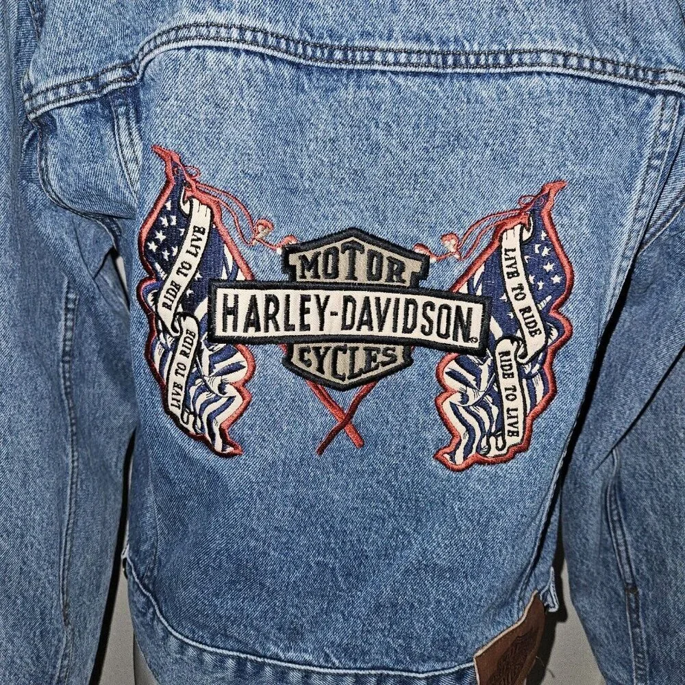 Biker Blues Harley Davidson Cropped Denim Jacket Embroidered Flags Ladies Small - Picture 5 of 14